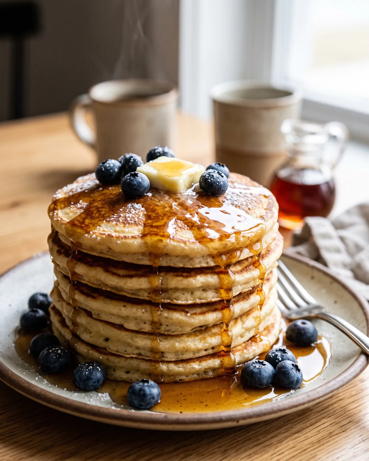 Stack of blueberry pancakes with maple syrup on a café table – Nano Banana 2.1 example, 4:5