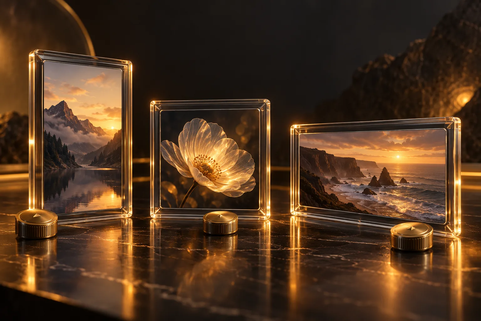 Three framed images in portrait, square and landscape formats