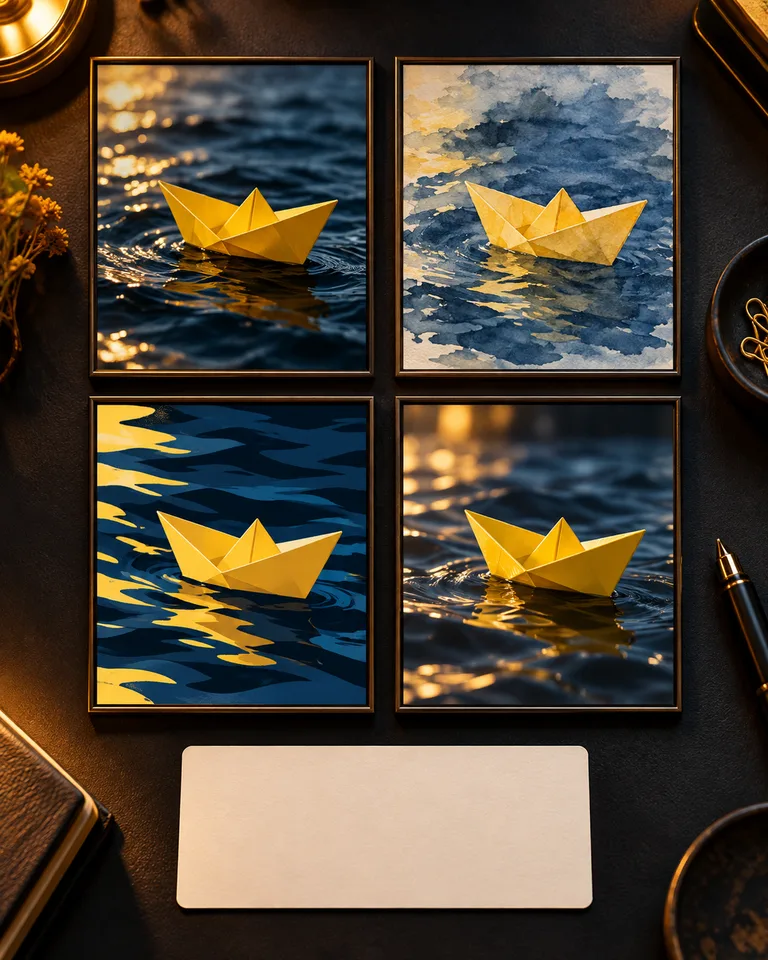 Four versions of a yellow paper boat from one prompt card