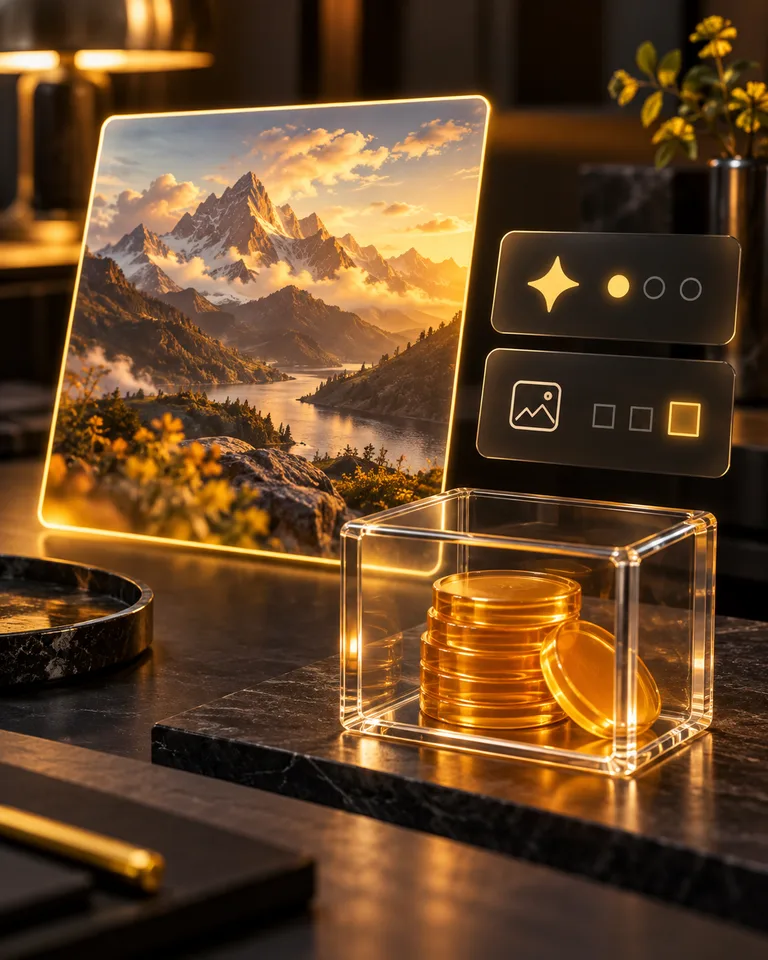 Image preview and options beside a clear box of credit tokens