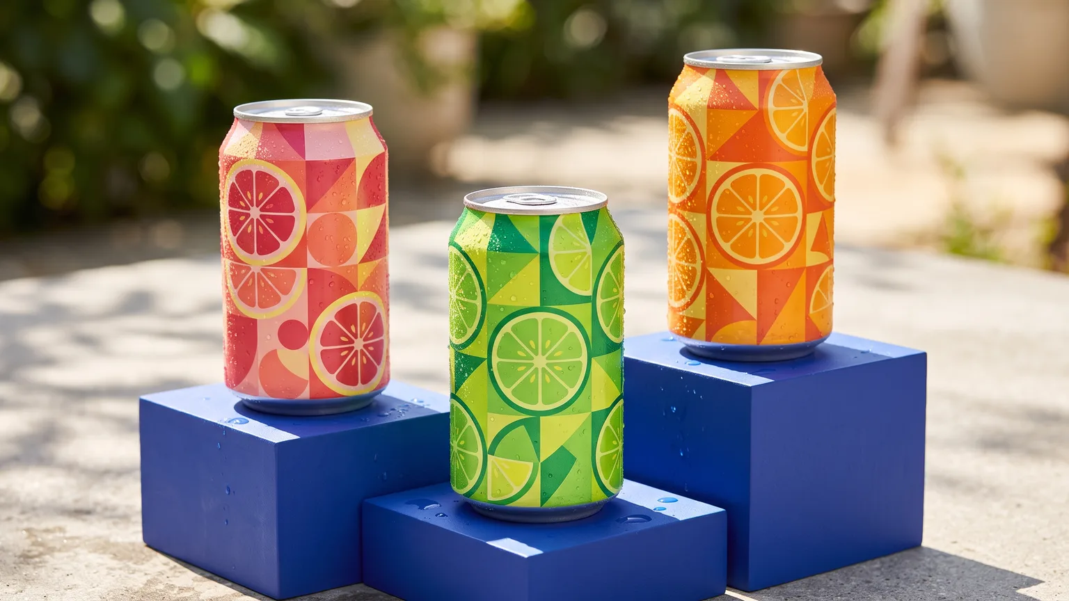 Three matching citrus soda cans on cobalt blue blocks – example image, 16:9