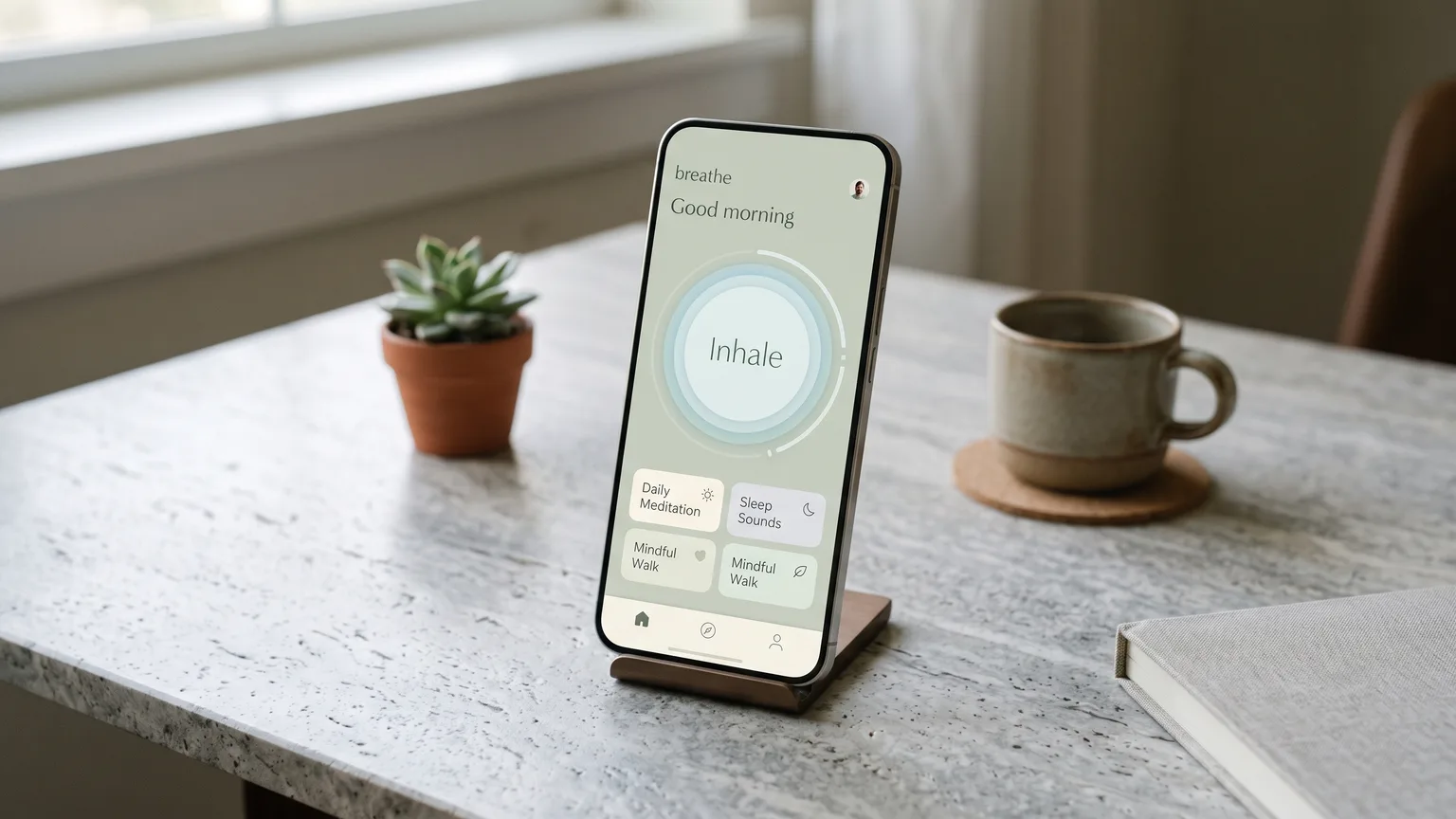 Meditation app concept on a smartphone standing on a stone desk – example image, 16:9